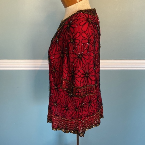 VTG Adrianna Papell Evening Essentials Beaded Top Size XL Floral Red Black Silk - Picture 9 of 11